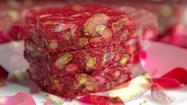 Vibrant red indian sweets, richly studded with pistachios and cashews, are beautifully stacked on a white surface with delicate rose petals, captured in a festive close-up.