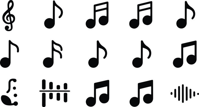 Music notes and musical symbols icon set. Treble clef, sharp, flat and quaver signs for audio, melody and composition design &ndash; stock vector