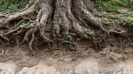Fototapeta premium Close-up View of Gnarled Tree Roots Exposed in Soil With Green Plants Nearby Showing Details of Natures Strength and Growth