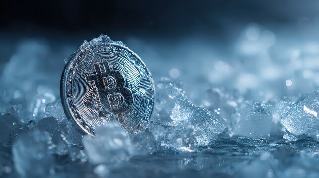 Bitcoin coin frozen in melting ice cube representing market freeze or volatility