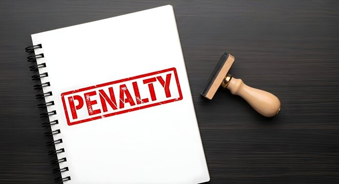 Legal Penalty Stamp: Red penalty ink stamp on white spiral notebook page, wooden stamper on dark table, law enforcement, financial fine, regulation and punishment concept