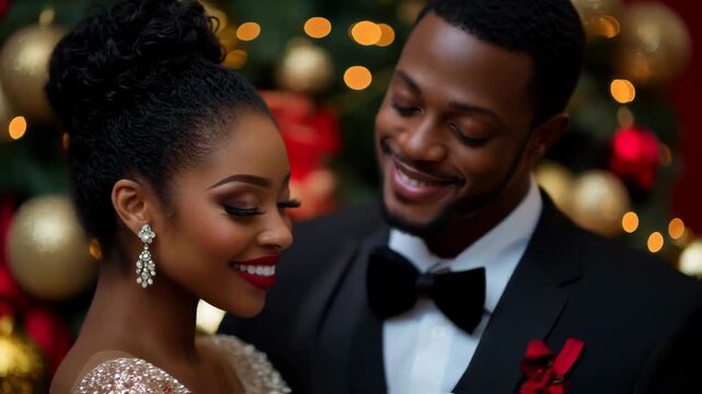 Elegant couple in formal attire smiling together in front of a festive Christmas tree adorned with ornaments