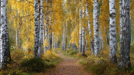 Obraz premium Dense Forest of White Birch Trees With Golden Leaves Falling Along a Narrow Dirt Path During Autumn Season