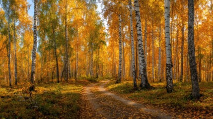 Obraz premium Birch Trees in a Dense Forest With Golden Leaves and a Winding Path During Autumn Season