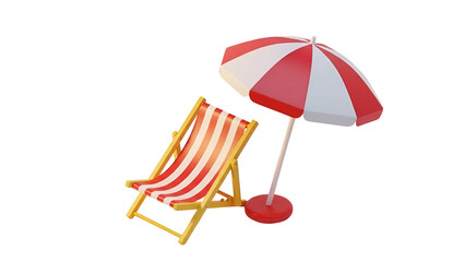 Red and white striped beach chair with matching umbrella isolated on transparent background