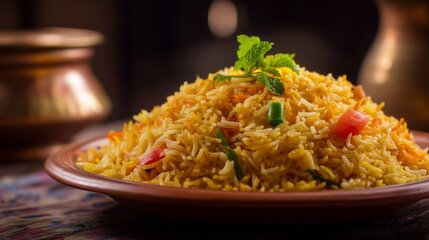 Colorful and Aromatic Rice Dish Garnished with Fresh Mint Leaves on a Decorative Plate for Culinary Enthusiasts and Food Photography
