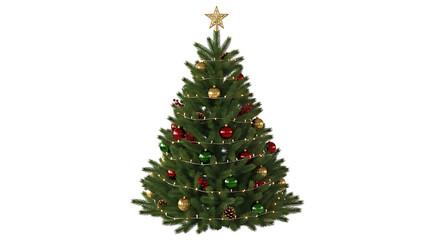 Fototapeta premium Festive decorated christmas tree with ornaments lights and star on top isolated white background