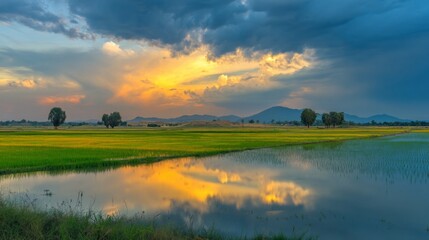 Obraz premium Serene Evening Landscape with Lush Green Rice Fields and Dramatic Cloudy Sky Reflected in Tranquil Water Near Mountains at Sunset