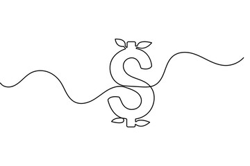 Dollar sign with leaf continuous one line drawing minimalist outline vector illustration