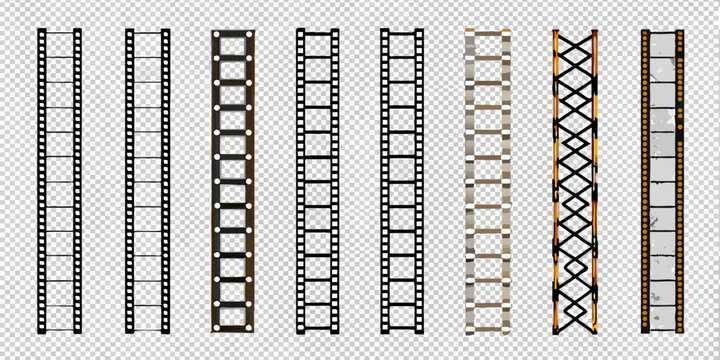 Collection of vintage film strips with varying perforation patterns