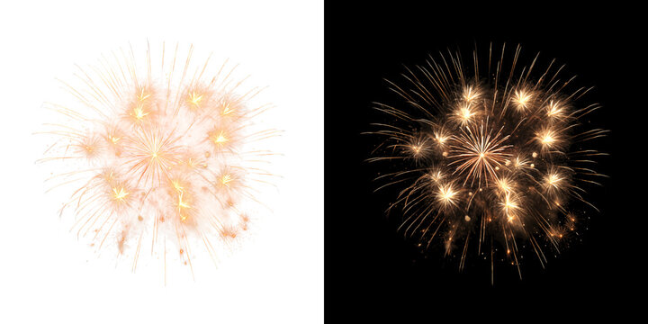 Beautiful golden fireworks on transparent and black background for festive designs