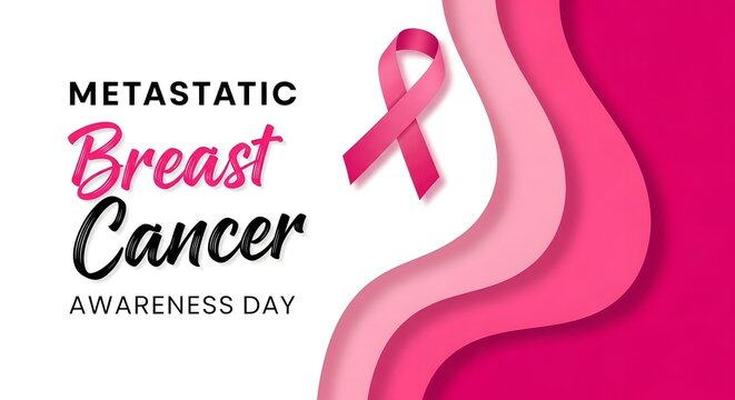 Metastatic breast cancer awareness day pink ribbon symbol on white background for health campaign