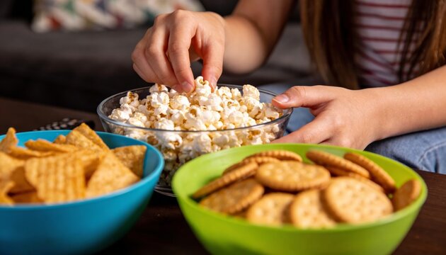 Girl setting bowls of snacks with chips and dips arranged in bright colors on wooden table top