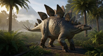 Fototapeta premium Stegosaurus roaming prehistoric forest with lush greenery and volcanic mountain
