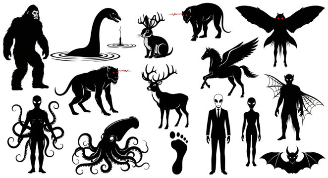 Collection of Mythical Creatures and Cryptids Silhouettes.