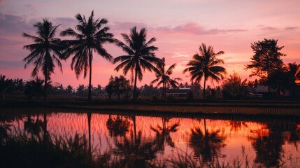 Obraz premium Serene Sunset Over Tropical Landscape with Palm Trees and Reflections on Calm Water Surface in a Peaceful Rice Field Setting