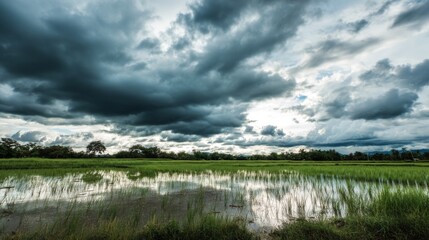 Dramatic Cloudy Sky Over a Tranquil Green Rice Field Reflecting Serenity and Nature's Beauty in Rural Landscape