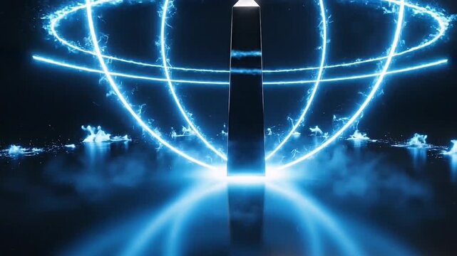 A futuristic illustration with a gleaming metallic obelisk at the center, surrounded by ethereal blue energy rings and sparkling particles, against a dark reflective surface. 