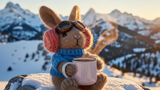 Stuffed Rabbit Drinking Coffee in Snowy Mountains.