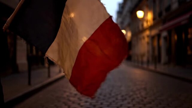 A close-up of the French flag gently waving in a Parisian street at dusk. Evokes a sense of national pride and can be used for travel content or artic