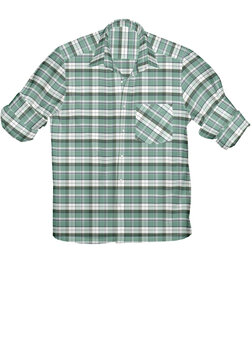 Minimalist men's casual plaid shirt apparel made of white cotton textile with a classic collar and short sleeves isolated on a white background as a clean fashion garment design
