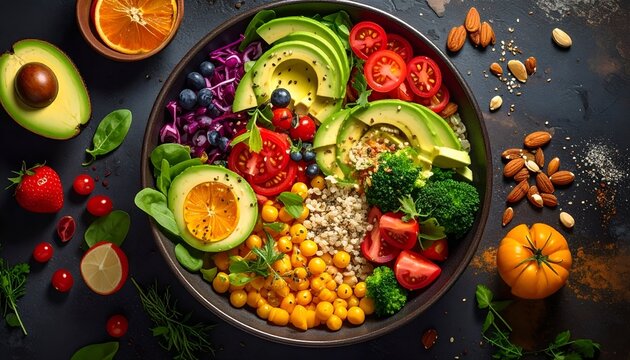 Overhead shot of a colorful, healthy salad bowl with various fruits, vegetables, and nuts