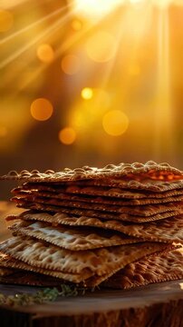 Traditional unleavened matzah bread stacked against a radiant golden background with luminous bokeh, symbolizing liberation and spiritual faith during the ancient Passover observance