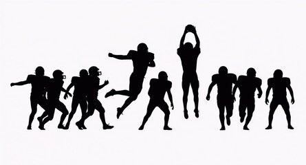 A collection of silhouettes of an American football player in various dynamic poses against a white background.
