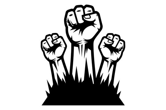 Powerful illustration of raised fists symbolizing protest, revolution, and unity