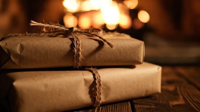 Two rustic brown gifts on wooden table by warm light