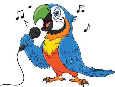 Colorful cartoon parrot singing with microphone, vibrant wings, musical notes, and playful character design for entertainment and children&rsquo;s content