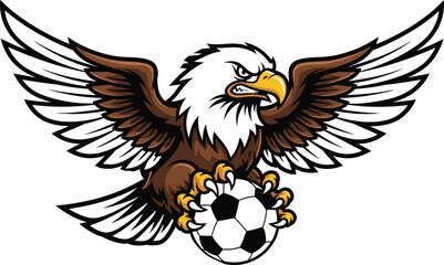 Fototapeta premium Fierce bald eagle mascot clutching soccer ball with spread wings, sharp talons, and bold sports design symbolizing strength and determination