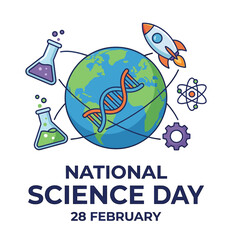 National Science Day Vector Concept February 28 Earth Globe DNA Rocket Flask Atom Gear Icons Background Poster Banner Design Educational Global Scientific Discovery Illustration