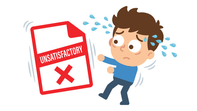 Stressed cartoon character facing unsatisfactory document, symbolizing failure or poor performance