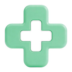 Fototapeta premium Green 3D medical cross icon with dark center isolated on transparent background. Professional health symbol for medical applications, pharmacy, hospital, and emergency healthcare services.