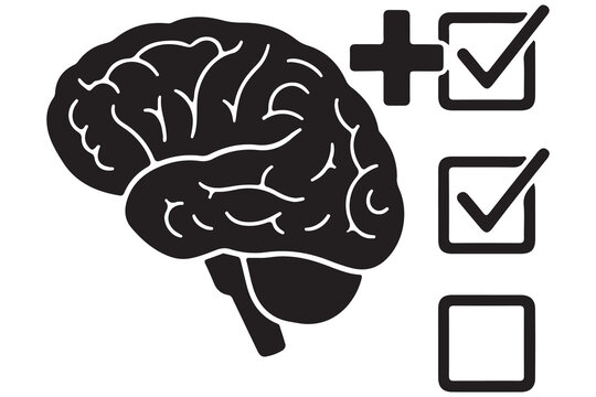 Human brain silhouette icon with a checklist, symbolizing task management, memory, and cognitive testing