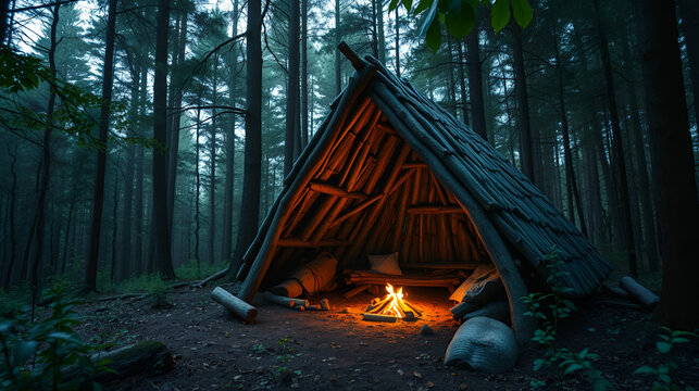 Bushcraft wickiup shelter in the forest. .