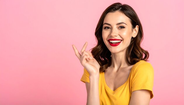 Smiling woman in yellow top gestures with fingers against pink background.