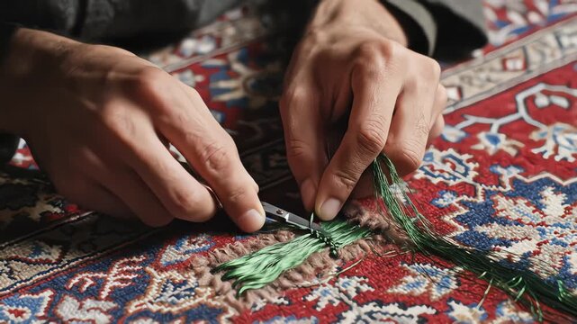 Close up of artisan hands repairing traditional Persian rug with green thread and needle