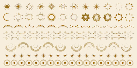 Fototapeta premium Collection of decorative golden sunbursts stars and ornate design elements