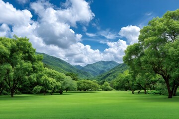 Green field under blue sky with mountains and trees