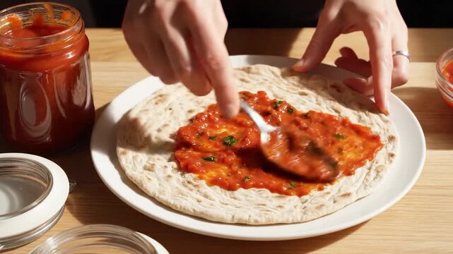 A person's hands carefully spread vibrant tomato sauce onto a fresh flatbread