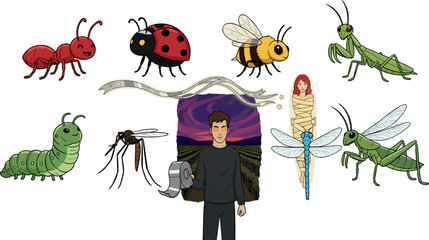 Cute cartoon insects set with ant ladybug bee grasshopper dragonfly mosquito caterpillar and fantasy character playful vector illustration for kids and educational designs © Ismail
