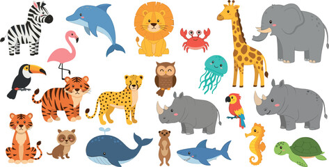Cute cartoon animals set with safari jungle and ocean wildlife including lion elephant whale shark and giraffe playful vector illustration for kids designs © Ismail