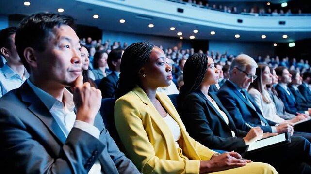 A row of formally dressed people sitting in an auditorium, applauding with diverse audience