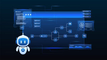 Naklejka premium AI workflow automation artificial intelligence. ai agent workflow assistant diagram dashboard machine learning showing code panels, processing system, and automation steps system.