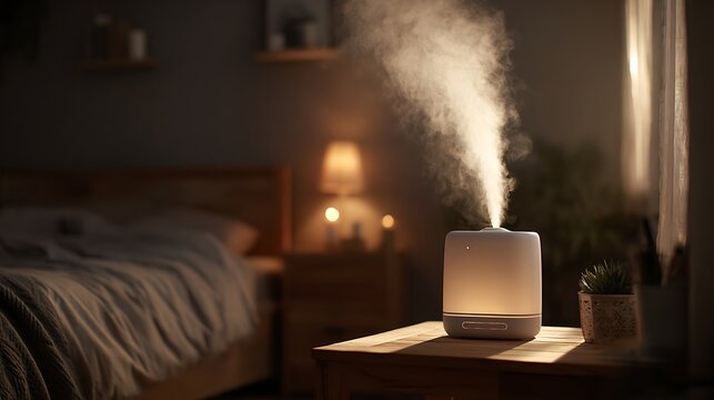 A humidifier emits vapor in a softly lit bedroom, enhancing ambiance. Focus on a warm interior