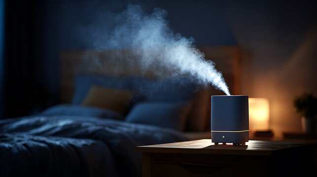 A humidifier emits steam in a dimly lit bedroom, creating a calming ambiance