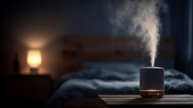 Aromatic diffuser releases steam in a cozy, softly lit bedroom, creating a relaxing ambience