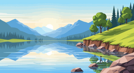 Serene Mountain Lake Landscape with Trees and Blue Sky Vector Illustration